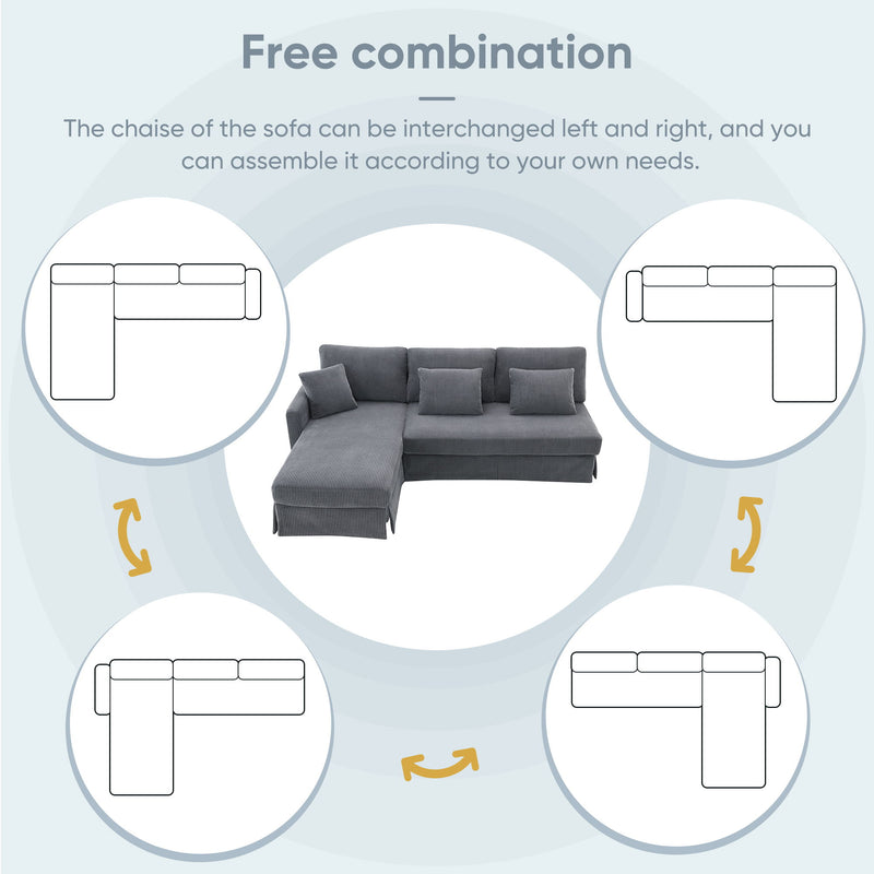 Modern L-Shaped Corduroy Sofa With Reversible Chaise, 4-Seat Upholstered Sectional Indoor Furniture, Convertible Sleeper Couch With Pillows For Living Room, Apartment