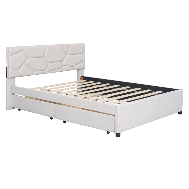 Upholstered Platform Bed With Brick Pattern Headboard And Twin Long Size Trundle