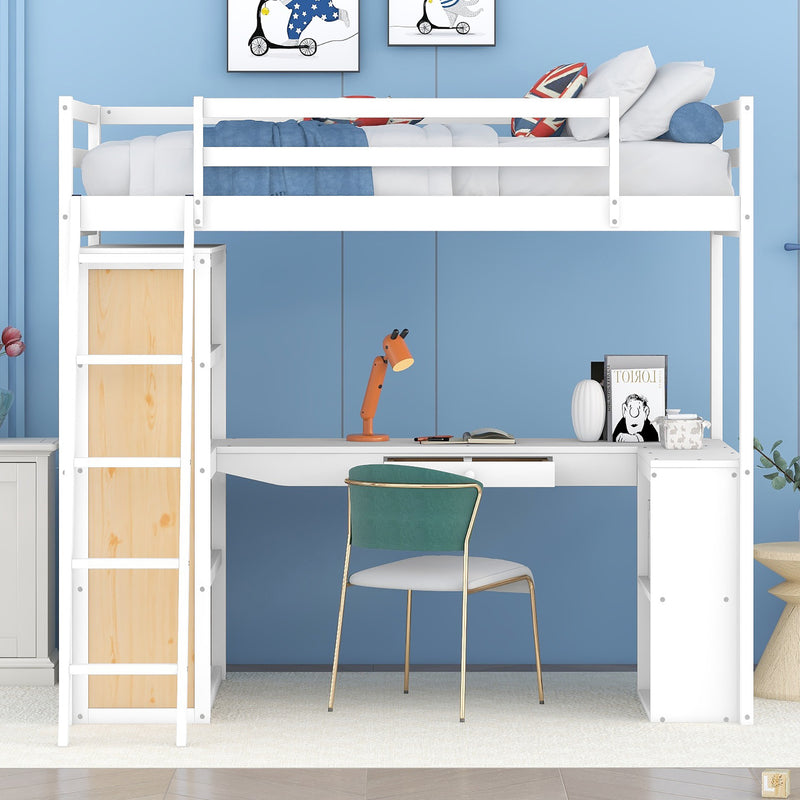 Twin Size Loft Bed with Ladder, Shelves, and Desk, White(OLD SKU:LT000225AAK)