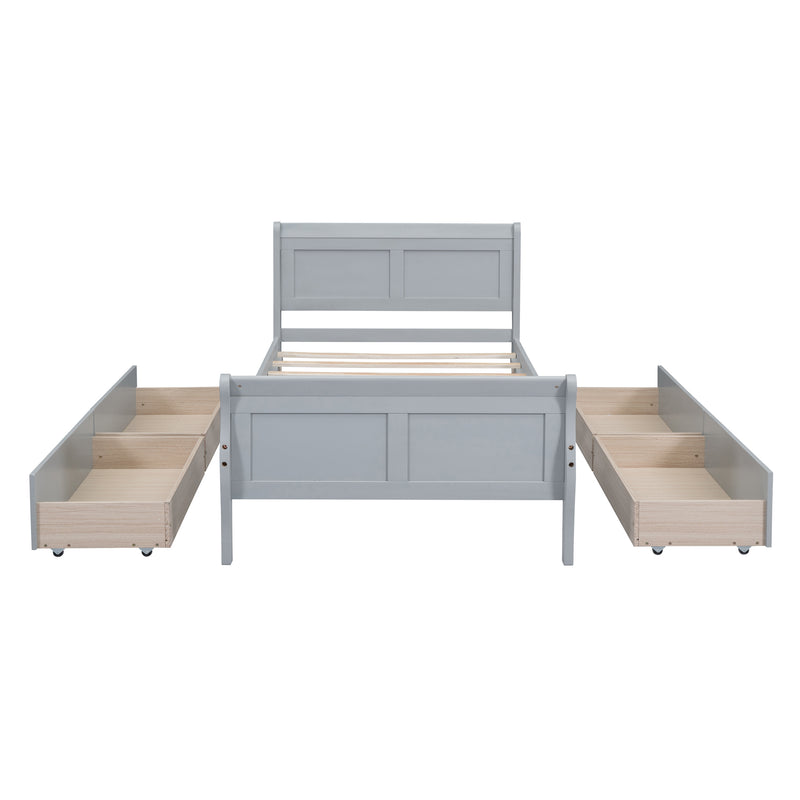 Twin Size Wood Platform Bed with 4 Drawers and Streamlined Headboard & Footboard, Gray