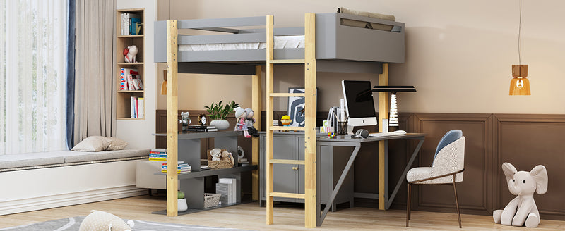 Twin Size Wood Loft Bed With Built-in Storage Cabinet and Cubes, Foldable desk, Gray