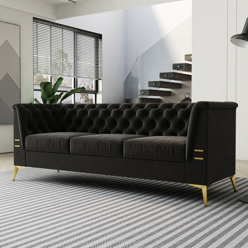 Fx-P83-Bk2 (Sofa) Luxurious Velvet Sofa With Gold Legs, Modern Chesterfield Design, Tufted Upholstery, 3-Seat Couch For Living Room And Office - Black