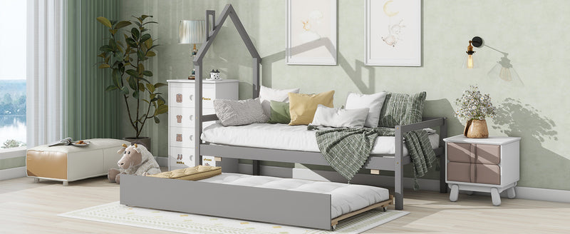 Twin House Wooden Daybed with trundle, Twin House-Shaped Headboard  bed with Guardrails,Grey