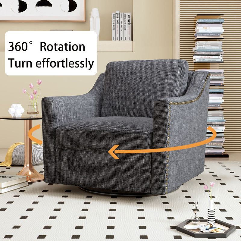 360 Degree Swivel Armchair Cotton Linen Skin-Friendly Fabric Ergonomic Design Brass Nail Decorative Armchair Living Room Chairs Bedroom Chairs Living Room Chairs Black Legs Suitable For Indoor Homes