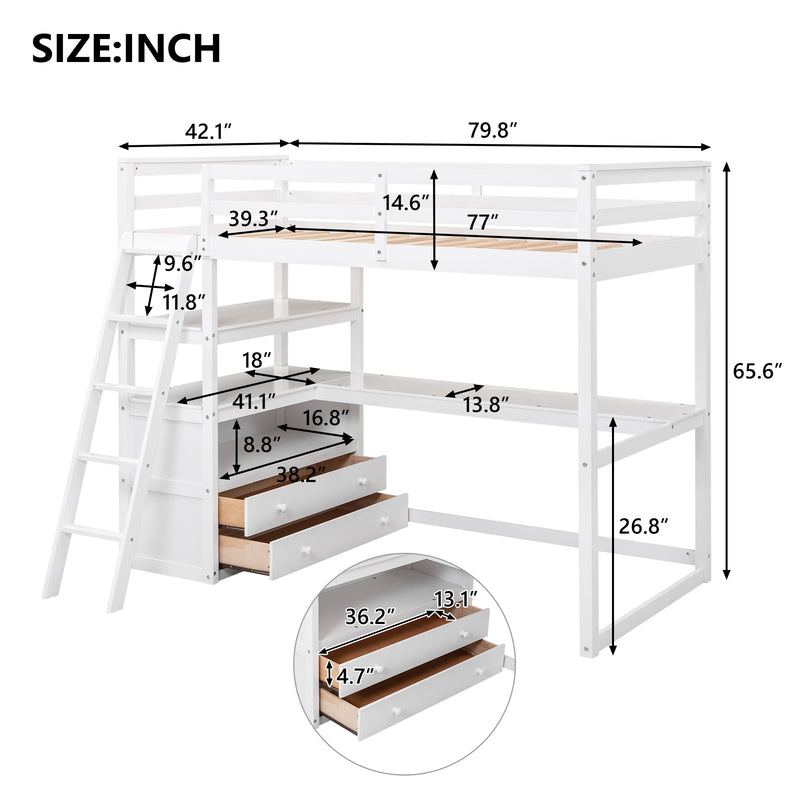 Twin Size Loft Bed with Desk and Shelves, Two Built-in Drawers, White(Old SKU: GX000423AAK)