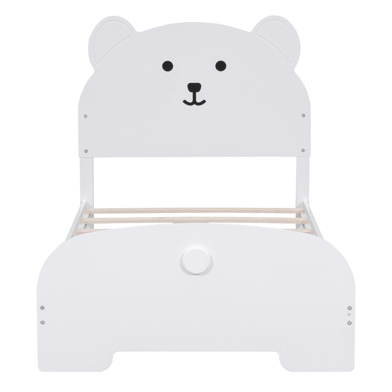 Twin Size Wood Platform Bed with Bear-shaped Headboard and Footboard,White