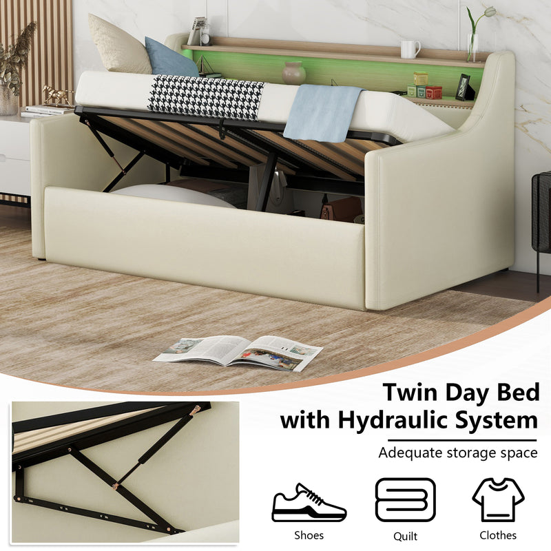 Twin Size Daybed with Hydraulic Storage, Upholstered Daybed with Lift Up Storage, Twin Leather Daybed with Charging Station and LED Lights,Beige