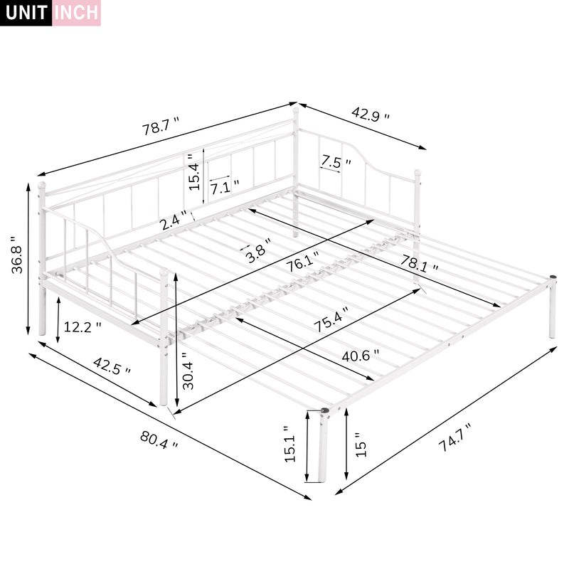 Twin Size Metal Daybed with Trundle, Daybed with Slat No Box required White