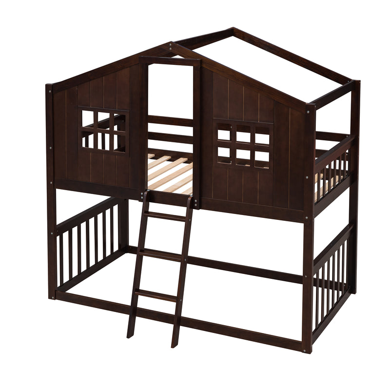 Twin Over Twin House Bunk Bed With Ladder, Wood Bed-Espresso