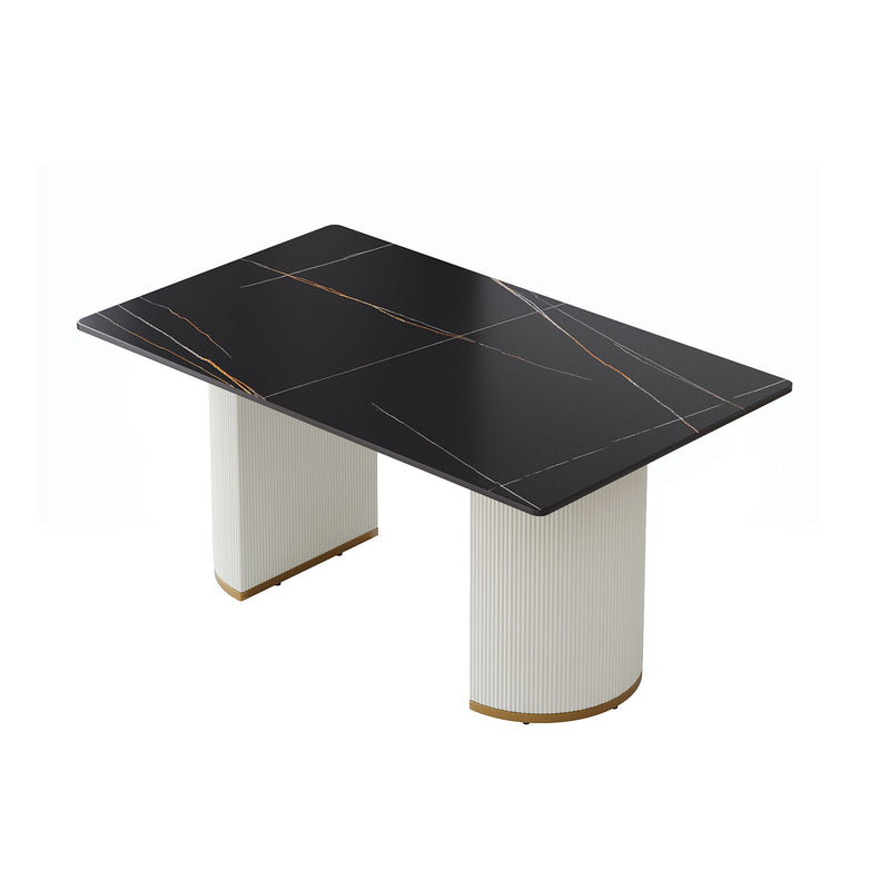 Modern Artificial Stone Panel PU Plywood Legs, Can Accommodate 8 People - Black / Beige