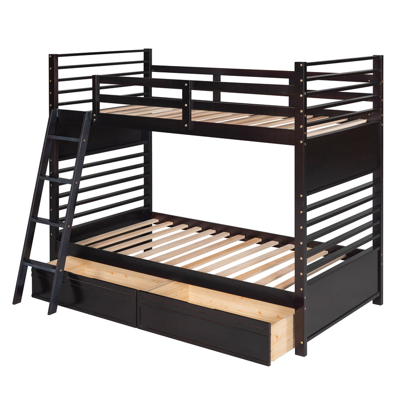 Twin over Twin Wood Bunk Bed with Two Drawers - Espresso