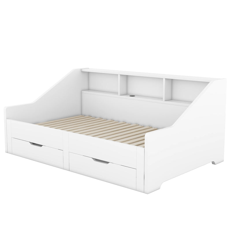 Twin to King Size Daybed Frame with Storage Bookcases and Two Drawers,Charging Design,White