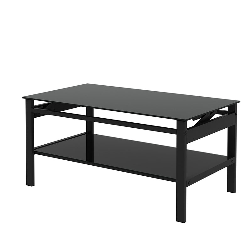 Glass Lift Top Coffee Table, Modern Simple 2-Layer Tempered Glass Coffee Table For Living Room - Black