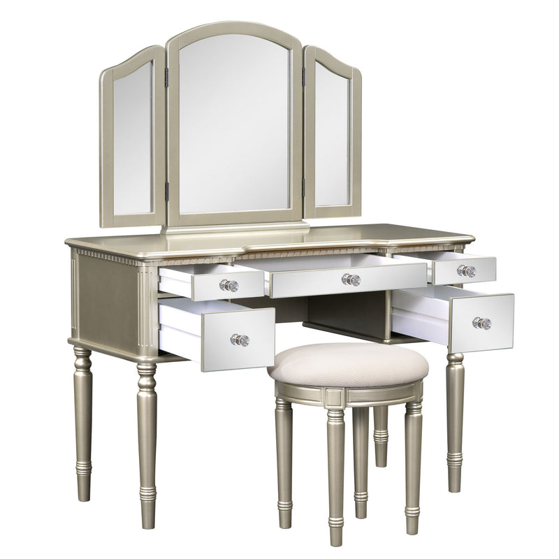 Dressing Table Set With Mirrored Drawers And Stool, Tri-Fold Mirror, Makeup Vanity Set For Bedroom