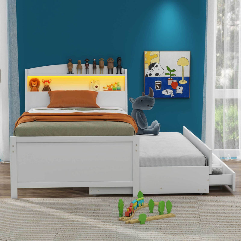 Twin Size Platform Bed with Storage LED Headboard, Twin Size Trundle and 3 Drawers, White