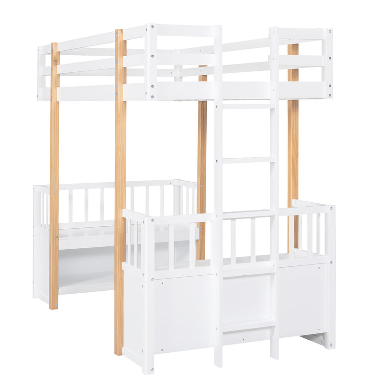 Wood Twin Size Loft Bed with 2 Seats and a Ladder, White