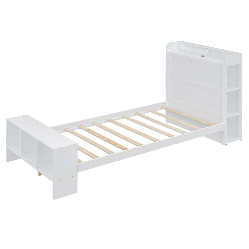 Twin Size Platform Bed with built-in shelves, LED Light and USB ports, White