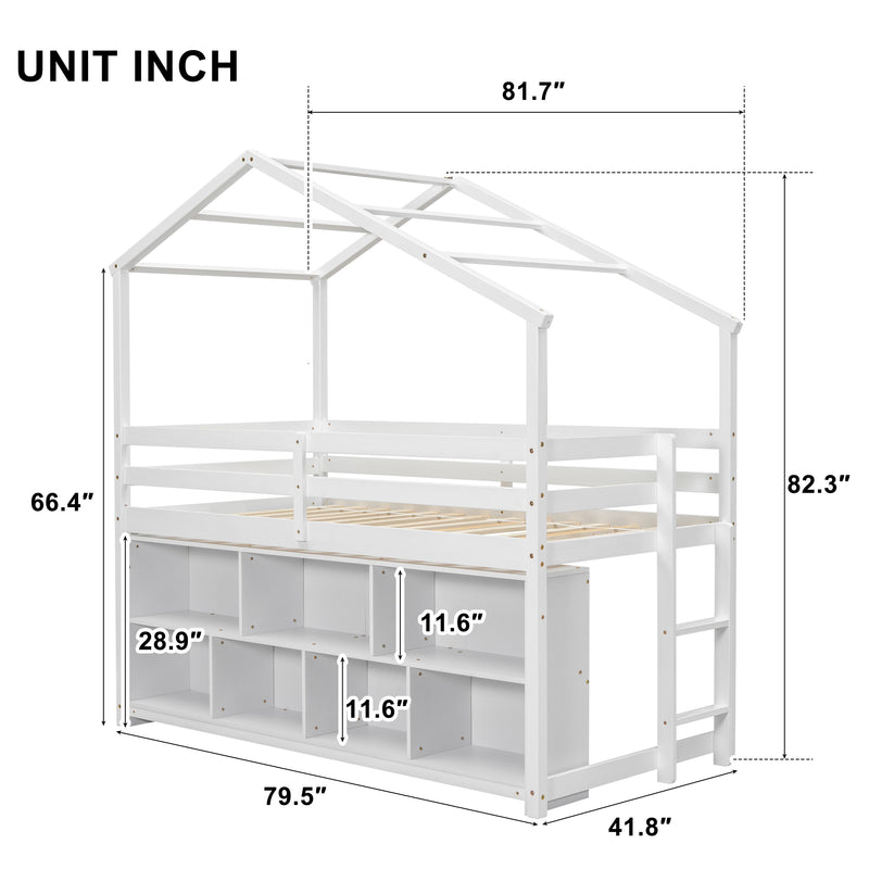 Twin House Loft Bed With Roof Frame, Under Bed Shelving Storage Unit, Guardrails, Ladder - White