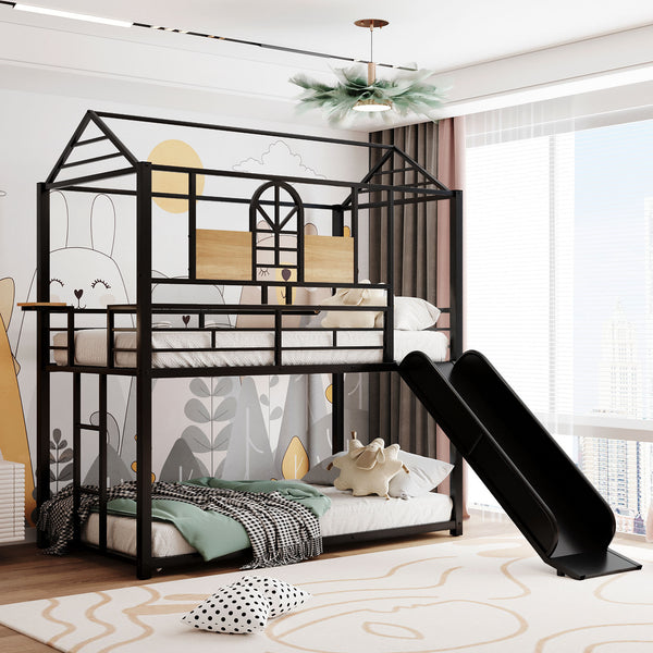 Twin Over Twin Metal Bunk Bed ,Metal Housebed With Slide,Three Colors Available.(Black with Black  Slide)(OLD SKU :LP000095AAB)