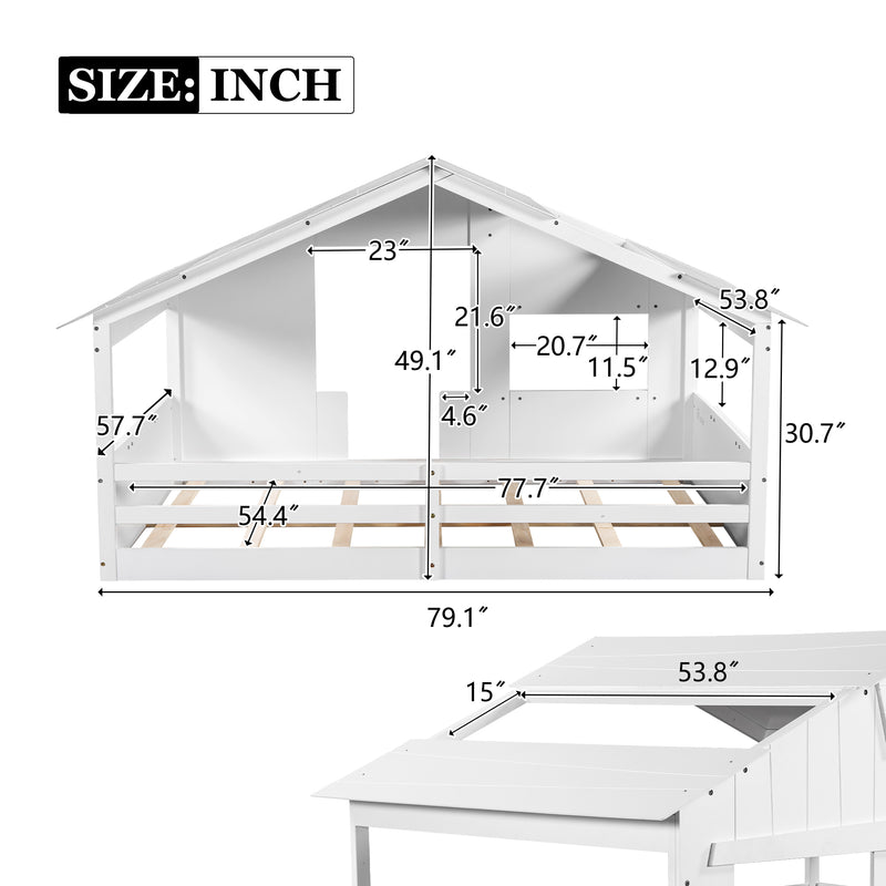 Wood Full Size House Bed with Roof, Window and Guardrail, White