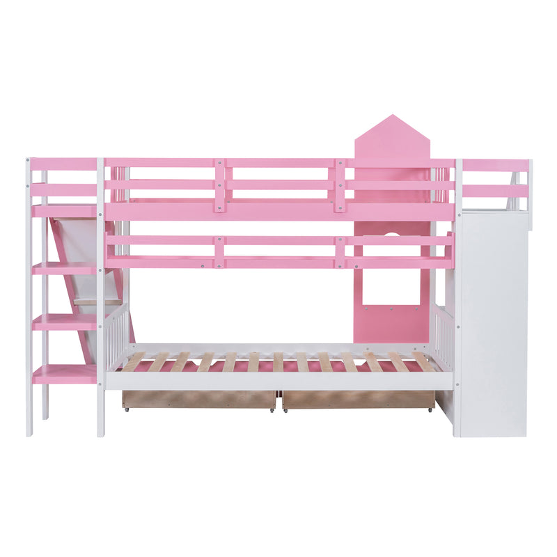 Twin-Over-Twin Castle Style Bunk Bed with 2 Drawers 3 Shelves and Slide - Pink