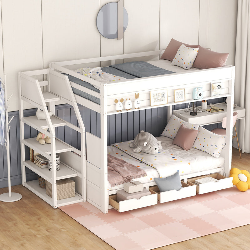 Wood Full Size Convertible Bunk Bed with Storage Staircase, Bedside Table, and 3 Drawers, White