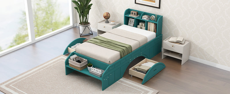 Wood Twin Size Platform Bed with 2 Drawers, Storage  Headboard and Footboard, Dark Green