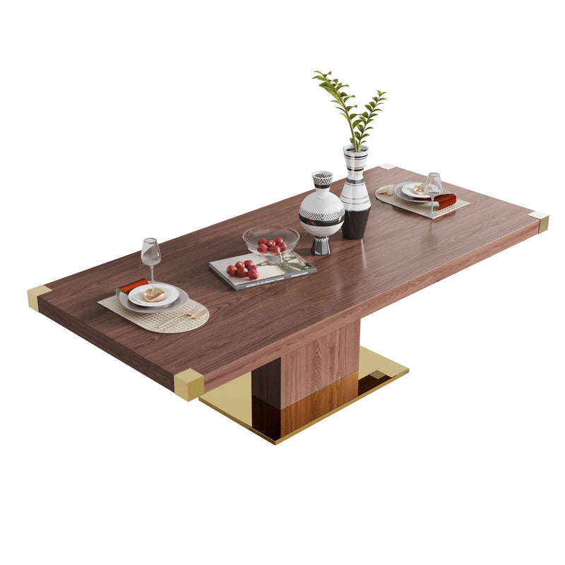 MDF Top Dining Table With Gold Finish Corner, MDF Pillar And Gold Finish Stainless Steel Base