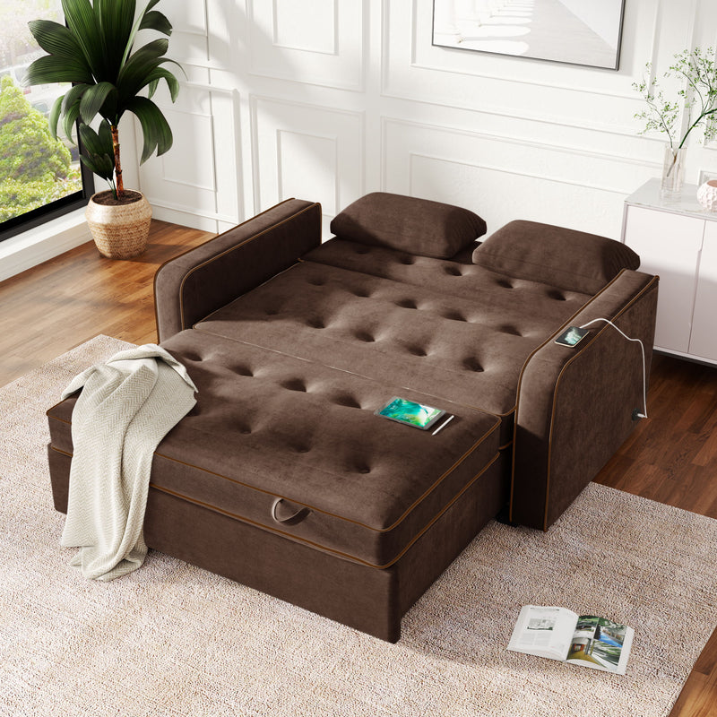 Upholstered Sleeper Bed, Pull Out Sofa Bed Couch Attached Two Throw Pillows, Dual USB Charging Port And Adjustable Backrest For Living Room Space - Brown