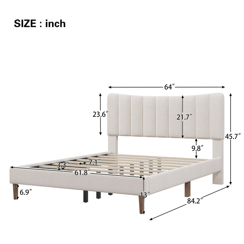 Upholstered Platform Bed Frame with Vertical Channel Tufted Headboard, No Box Spring Needed, Queen,Cream