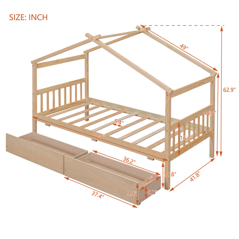 Twin Size Wooden House Bed with Drawers, Natural