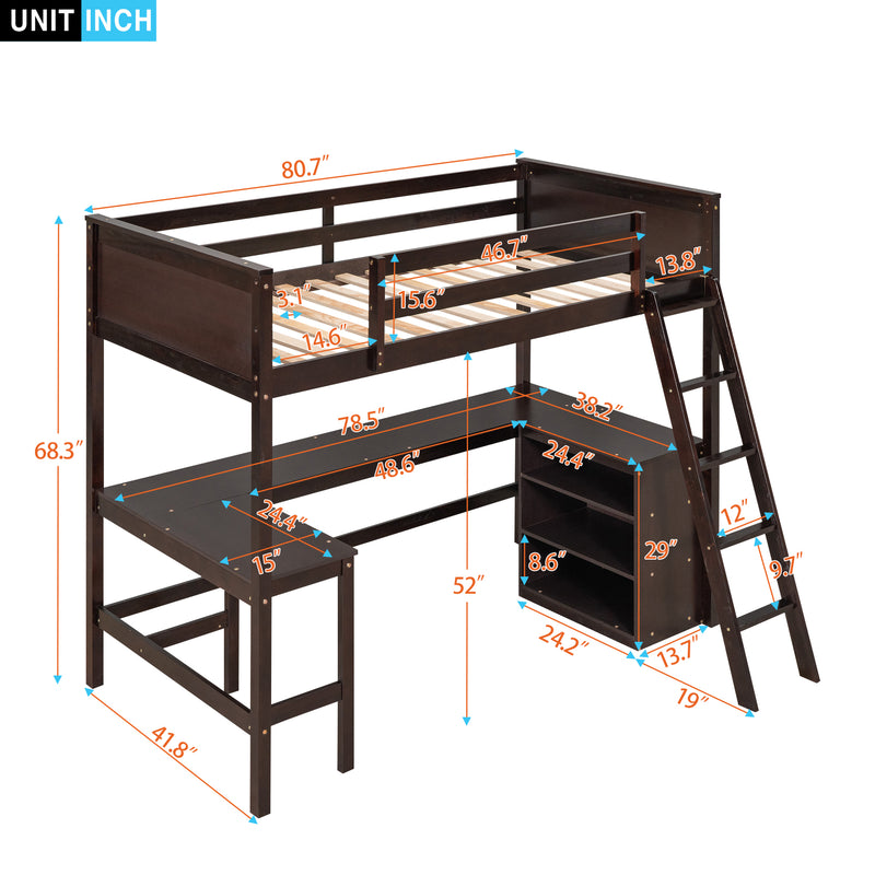 Twin size Loft Bed with Shelves and Desk, Wooden Loft Bed with Desk - Espresso(OLD SKU:LT000537AAP)