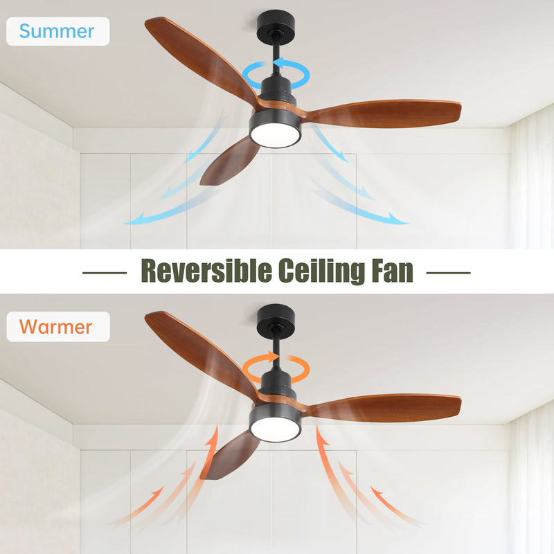 Wooden Ceiling Fan With 3 Solid Wood Blades Remote Control Reversible DC Motor With LED Light