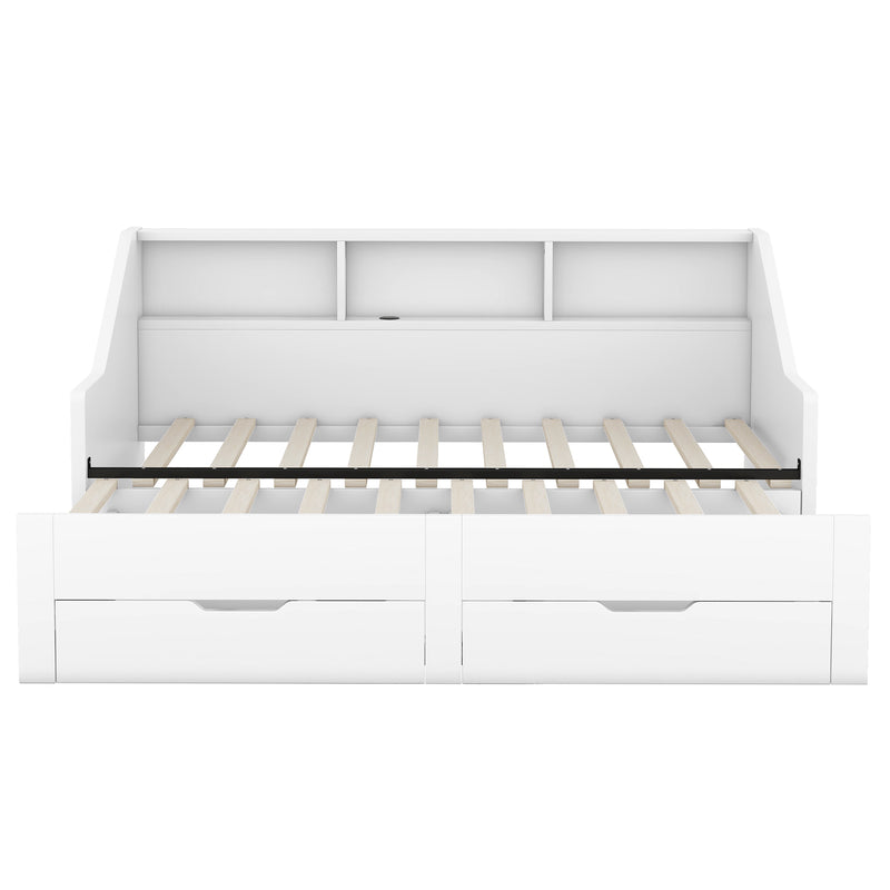 Twin to King Size Daybed Frame with Storage Bookcases and Two Drawers,Charging Design,White