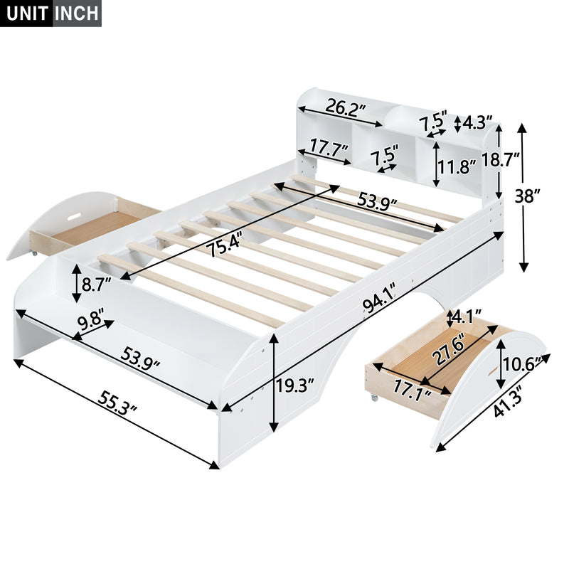 Wood Full Size Platform Bed with 2 Drawers, Storage  Headboard and Footboard, White