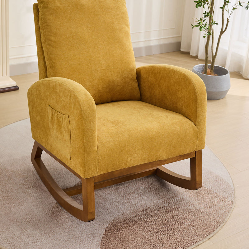 Rocking Chair For Nursery, Polyester Glider Chair With High Back And Side Pocket, Rocking Accent Armchair With Rubber Wood Legs For Living Room / Bedroom