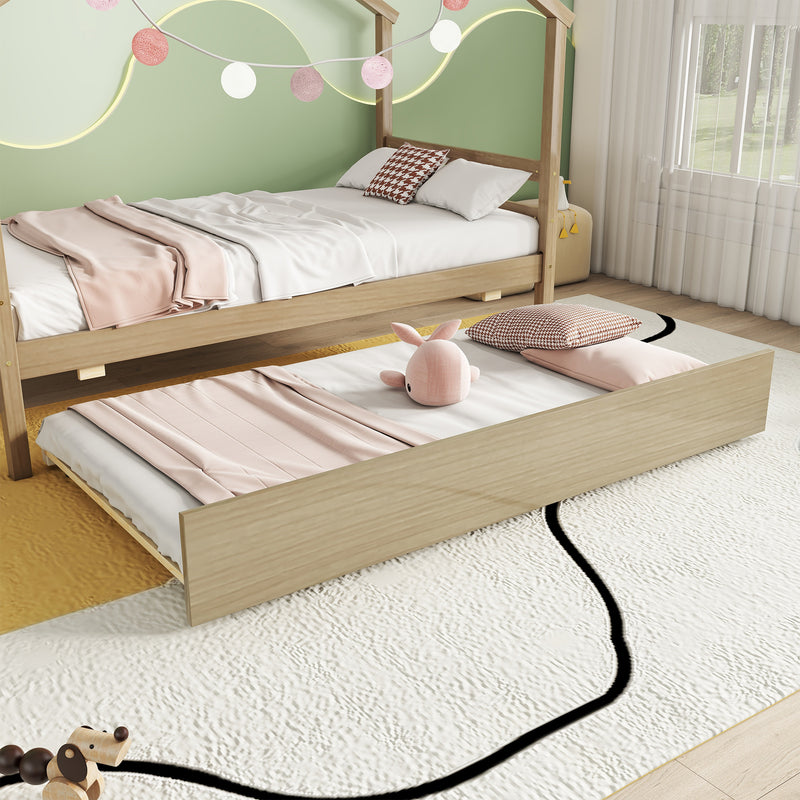 Twin Size  House-shaped Bed with Trundle,Natural