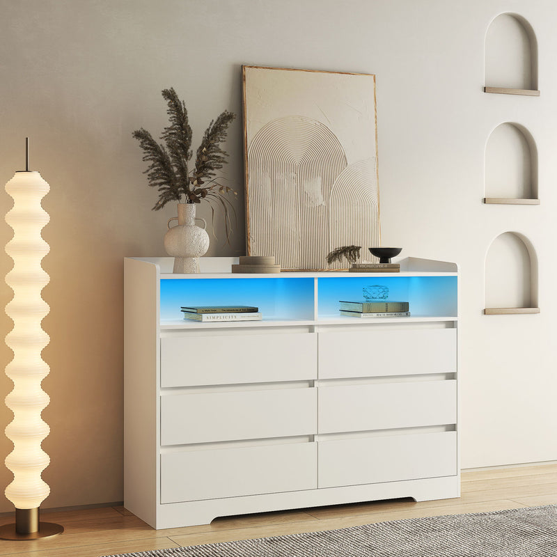 6 Drawer Dresser For Bedroom With LED Lights, Sturdy Frame - White