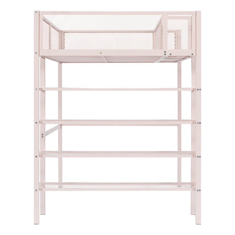 Twin Size Metal Loft Bed with 4-Tier Shelves and Storage, Pink