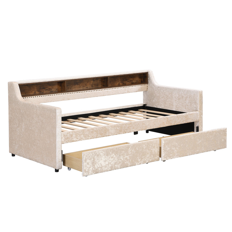 Twin Size Snowflake Velvet Daybed with Two Storage Drawers and Built-in Storage Shelves,Beige