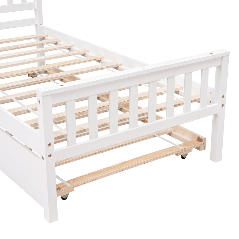 Twin Bed with Trundle, Platform Bed Frame with Headboard and Footboard, for Bedroom Small Living Space,No Box Spring Needed,White(Old SKU:W50422211)