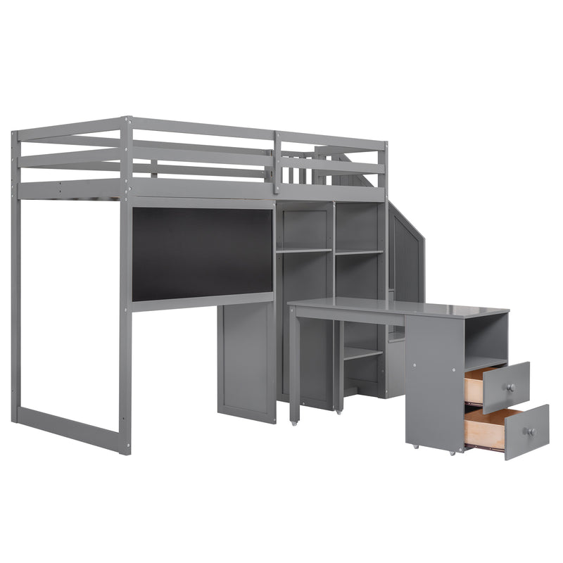 Twin Size Loft Bed with Pullable Desk and Storage Shelves,Staircase and Blackboard,Gray