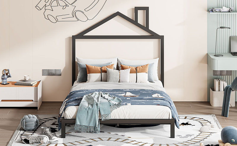 Full Size Metal Platform Bed With House-Shaped Headboard Design