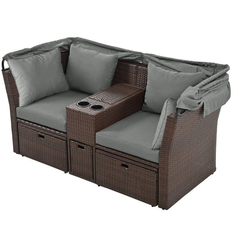 2 Seater Outdoor Patio Daybed Outdoor Double Daybed Outdoor Loveseat Sofa Set With Foldable Awning And Cushions For Garden, Balcony, Poolside