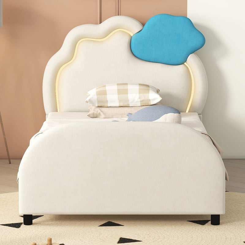 Twin Size Upholstered Platform Bed with Cloud-Shaped Headboard and Embedded Light Stripe, Velvet, Beige