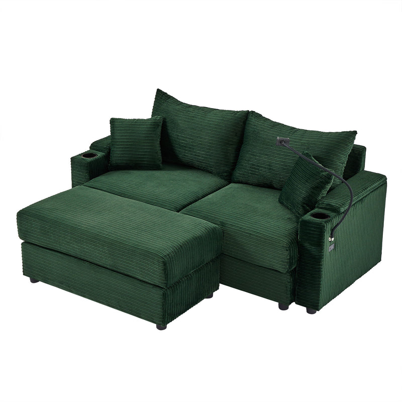 Modern Style Loveseat Sofa Sectional Sofa Couch With Storage Space, A Movable Ottoman, Two USB Ports, Two Cup Holders, A Phone Holder For Living Room