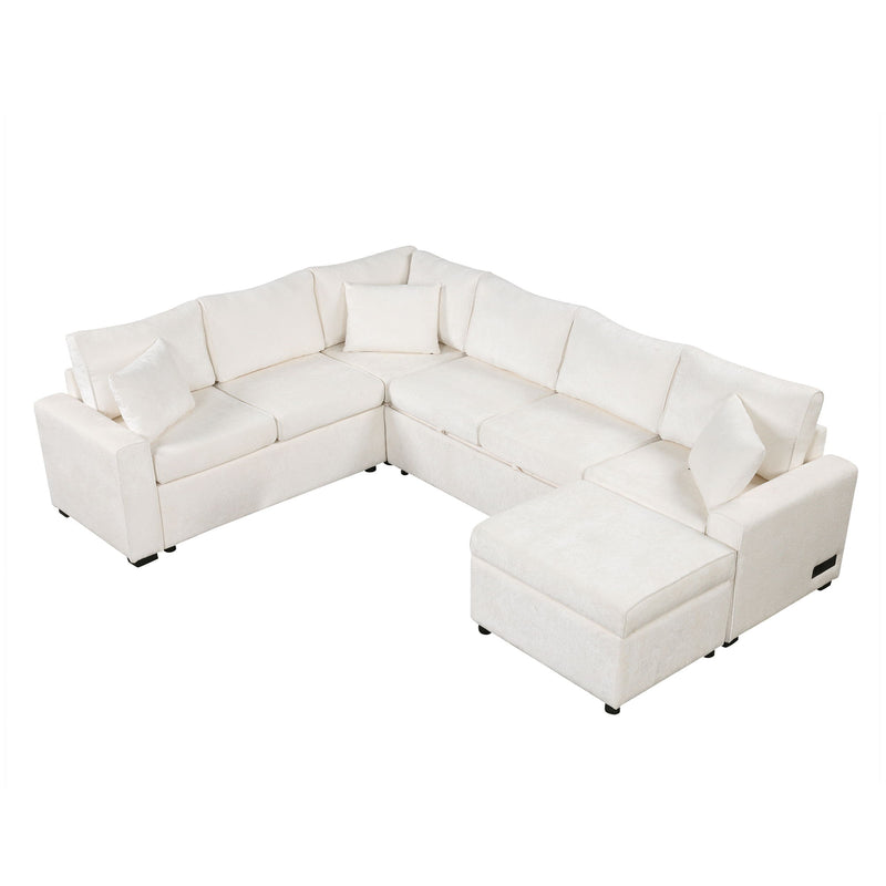 Sectional Sofa Pull-Out Sofa Bed Sleeper With A Storage Ottoman, Three Pillows And Charging Devices For Living Room