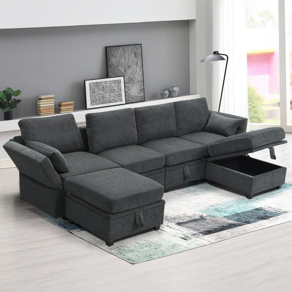 [VIDEO provided] [New] 109*54.7" Chenille Modular Sectional Sofa,U Shaped Couch with Adjustable Armrests and Backrests,6 Seat Reversible Sofa Bed with Storage Seats for Living Room, Apartment,2 Colors