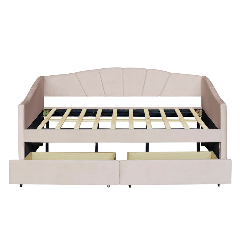 Twin Size Upholstered Daybed With Two Drawers And Wood Slat - Beige