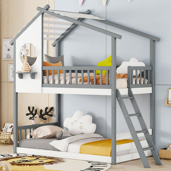 Twin Over Twin Bunk Bed Wood Bed with Roof, Window, Ladder,Gray(OLD SKU :LT100008AAE)